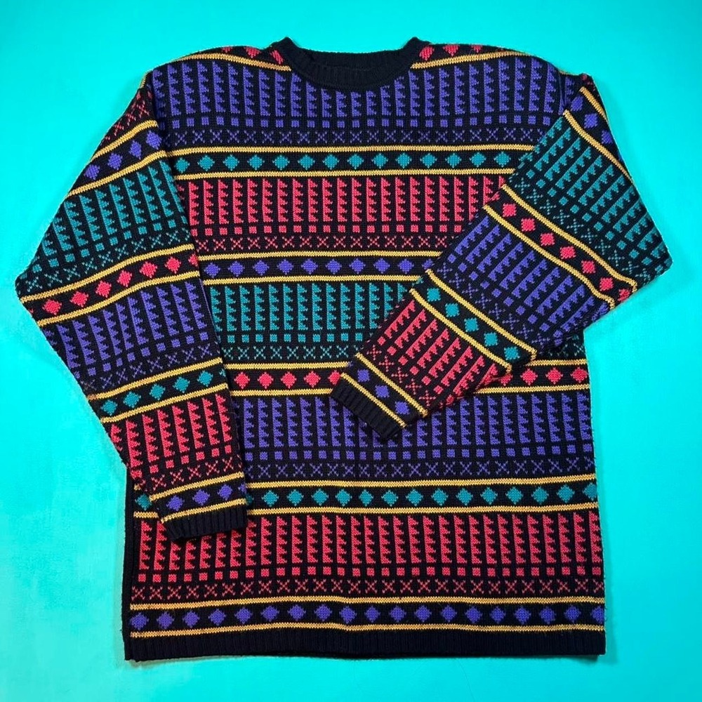 vintage 90s knit sweater pullover soft acrylic 1990s colorful geometric sweater